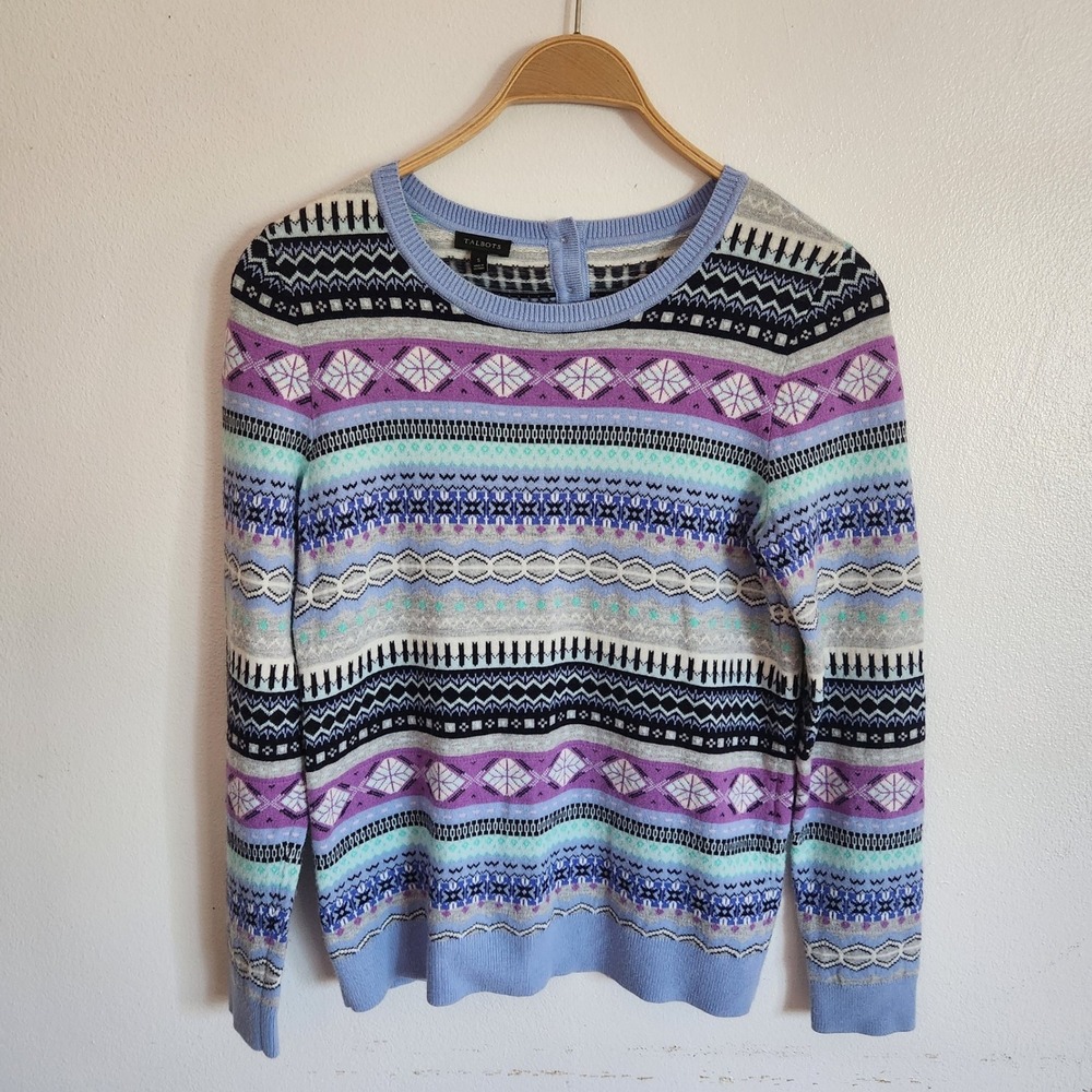 Talbots Fair Isle Nordic Stripe Sweater Small Nylon Lambswool Button Back Cabin